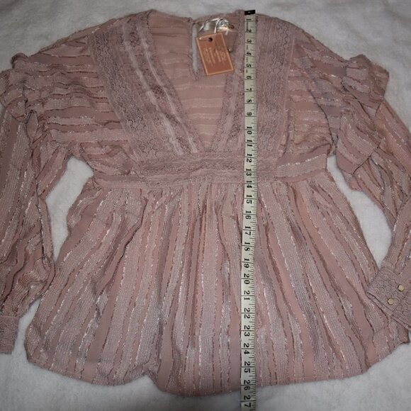 Champagne & Strawberry Lace Long Sleeve Boho Top Blouse Pink Size S - Picture 4 of 7